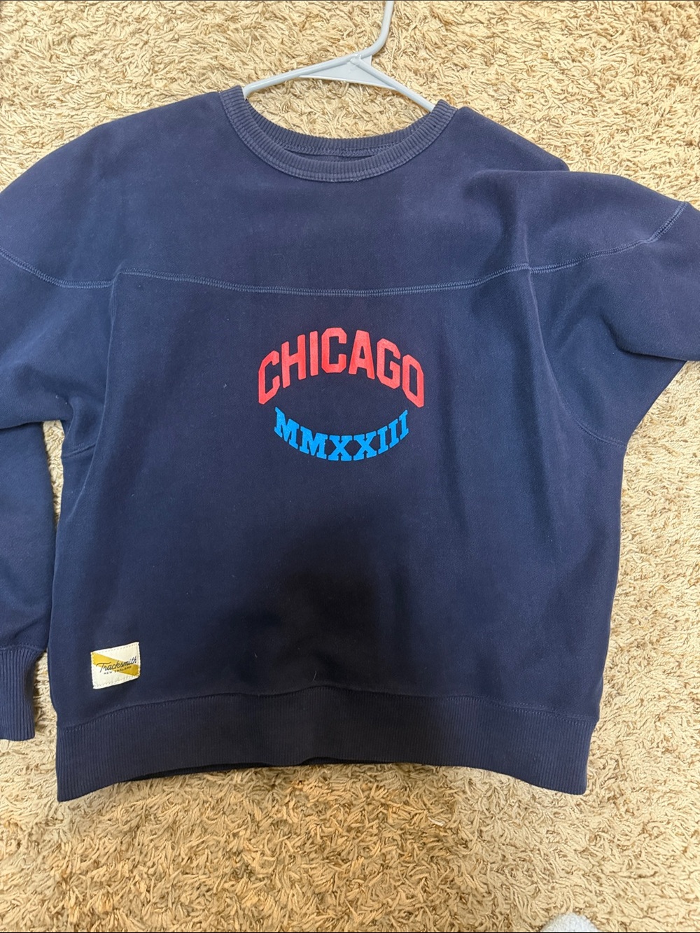 Tracksmith Navy Crewneck Sweatshirt with Red Chicago and Blue MMXXIII